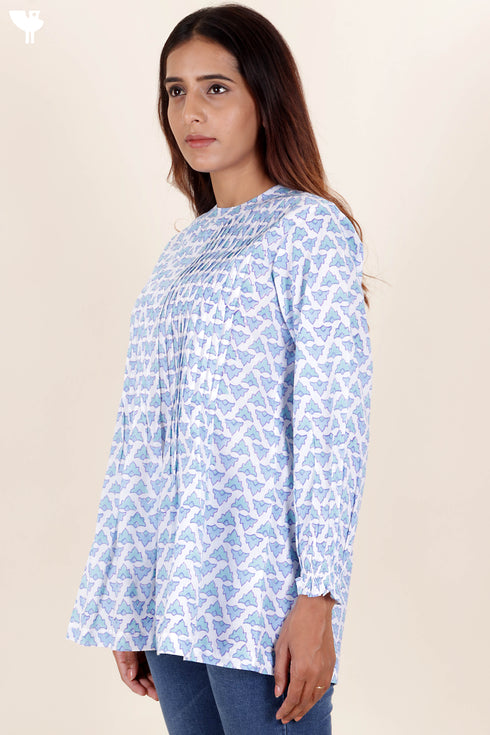 Cotton Pintuck Top In Block Print