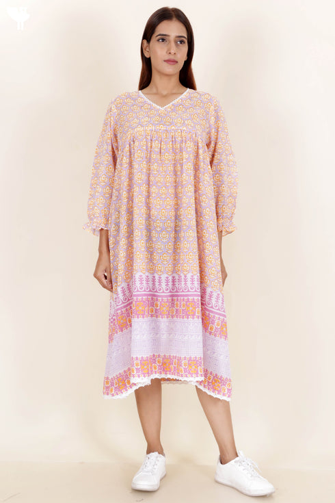Mulmul Cotton Dress In Floral Block Print