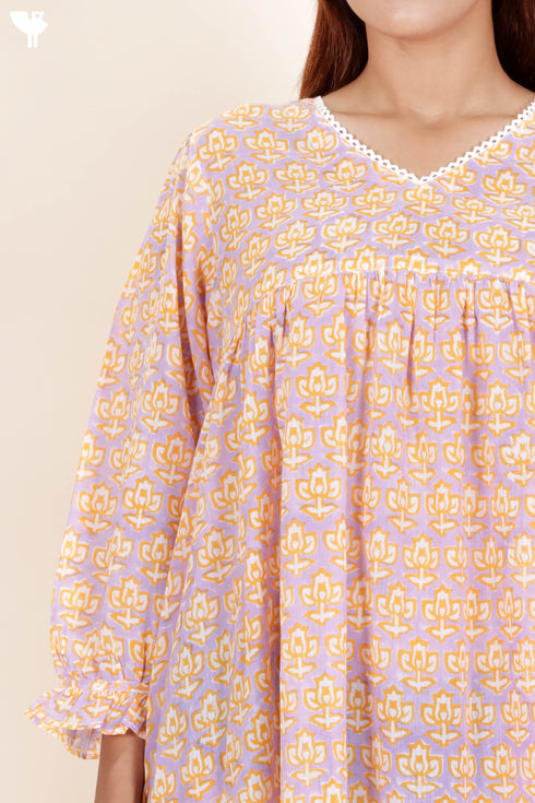 Mulmul Cotton Dress In Floral Block Print