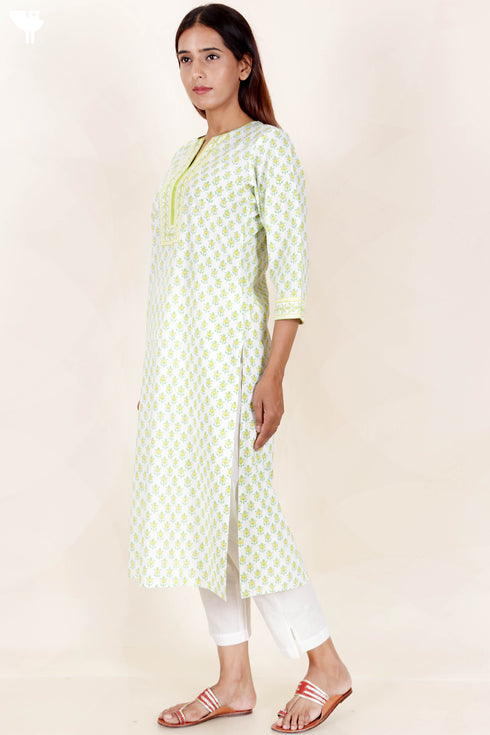Cambric Cotton Kurta In Floral Block Print
