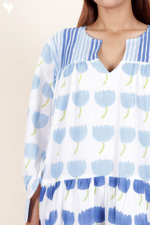 Mulmul Cotton Dress In Floral Block Print
