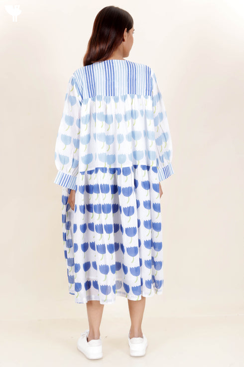 Mulmul Cotton Dress In Floral Block Print