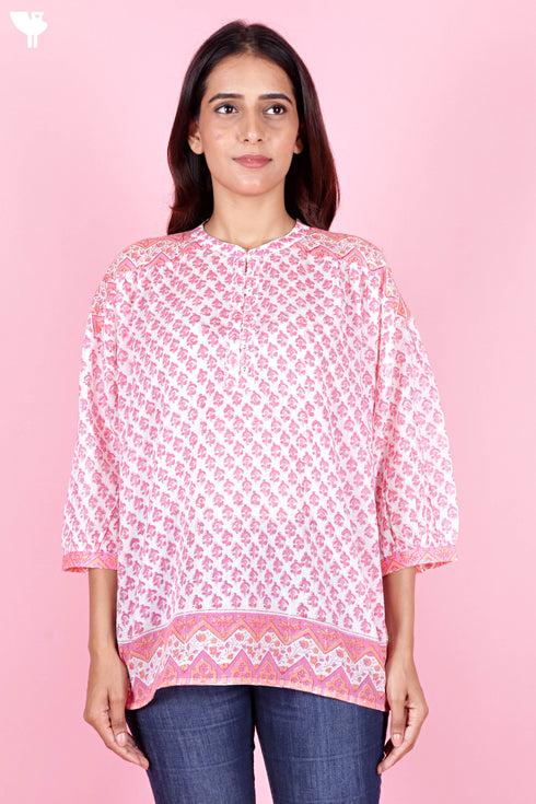 Mulmul Cotton Poncho Top In Block Print