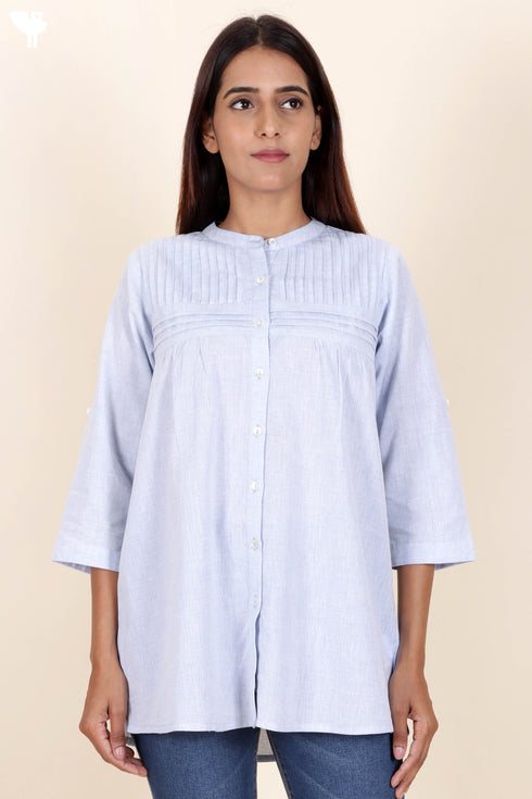 Chambray Cotton Button Down Top in Block Print