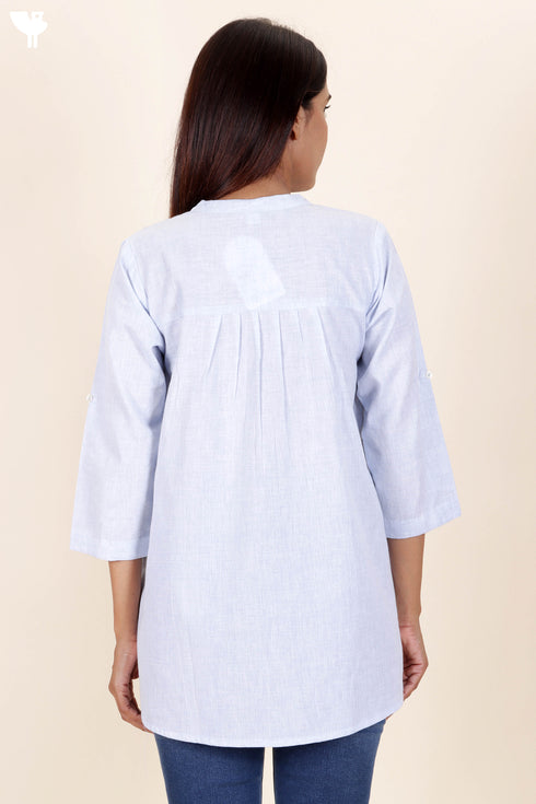 Chambray Cotton Button Down Top in Block Print