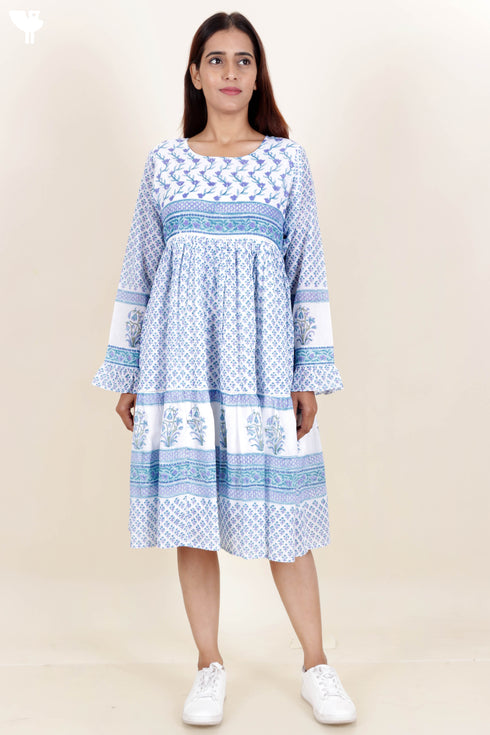 Mulmul Cotton Tiered Dress In Floral Block Print