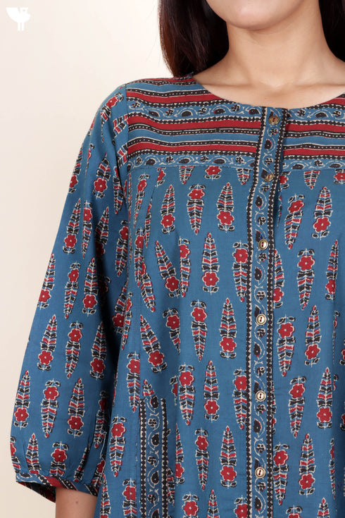 Cambric Cotton Midi Dress In Block Print