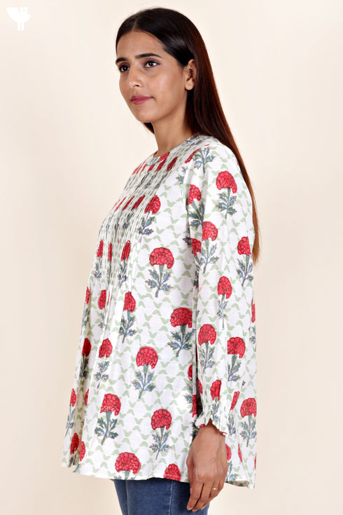 Slub Cotton Pintuck Top In Block Print