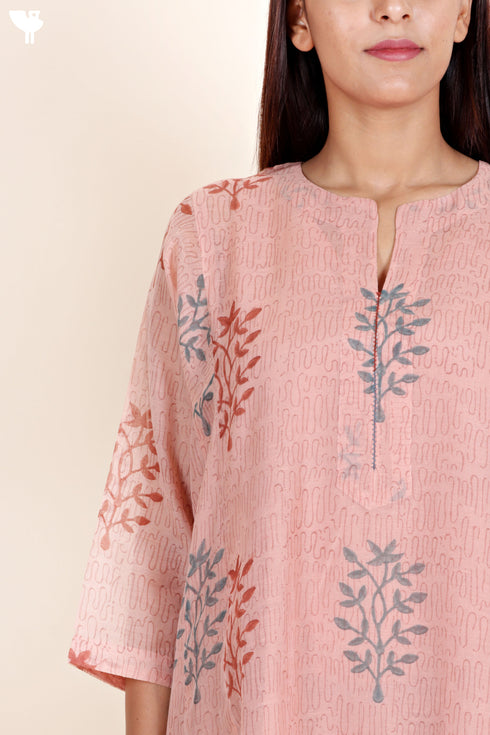 Chanderi Silk Dress With Slip In Floral Block Print