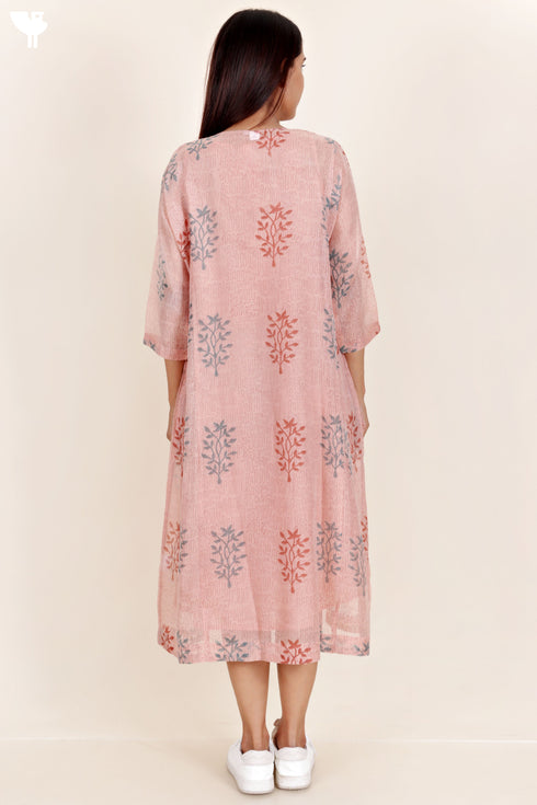 Chanderi Silk Dress With Slip In Floral Block Print