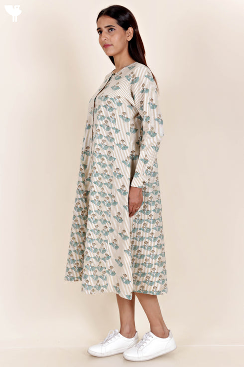 Khaadi Cotton Striped Dress In Block Print