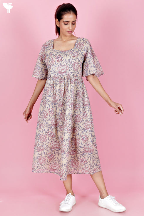 Mulmul Cotton Gathered Dress In Block Print