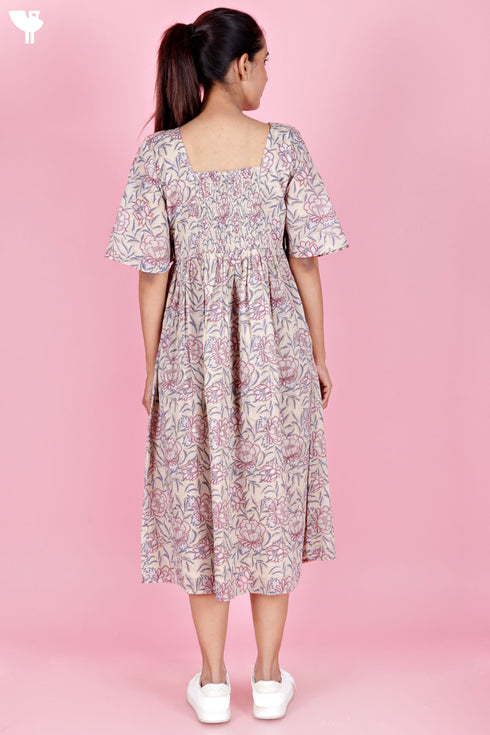 Mulmul Cotton Gathered Dress In Block Print