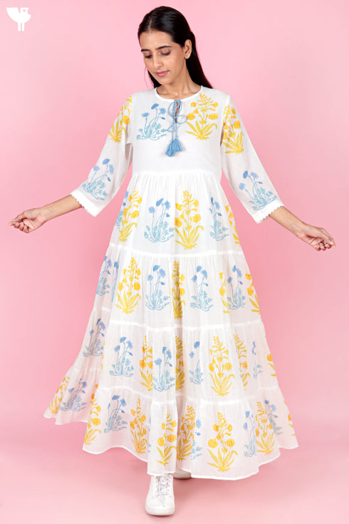 Mulmul Cotton Gathered Dress In Block Print