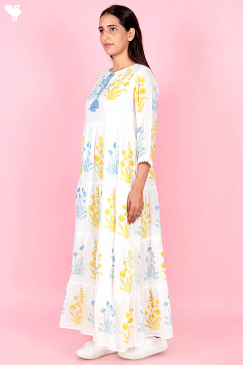Mulmul Cotton Gathered Dress In Block Print