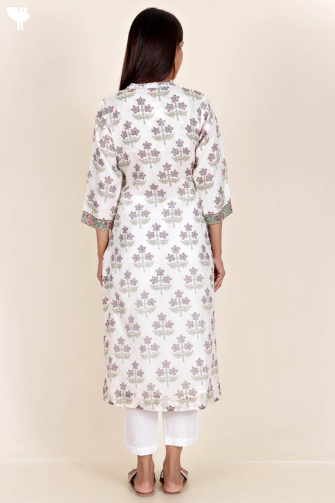 Chanderi Silk Kurta In Floral Block Print
