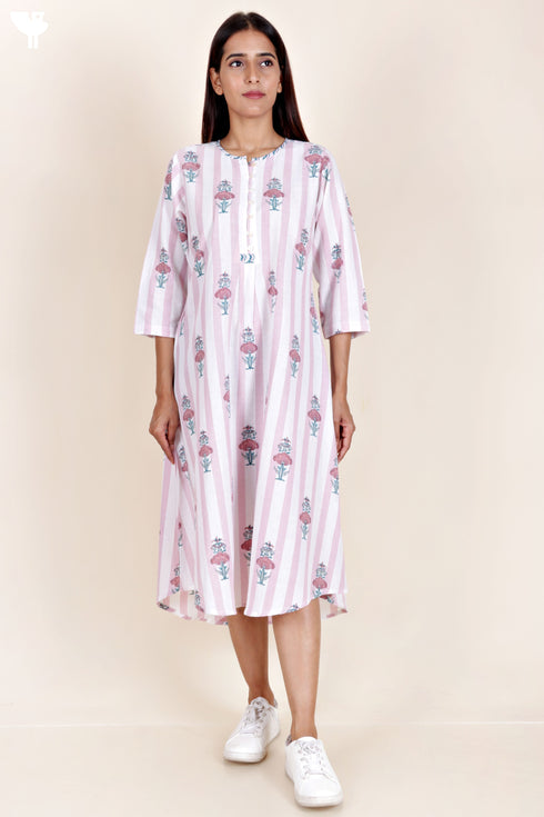 Khaadi Cotton Striped Dress In Block Print