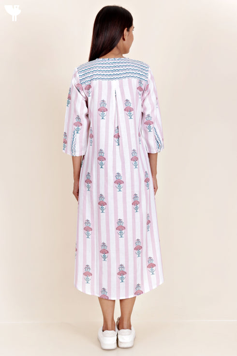 Khaadi Cotton Striped Dress In Block Print