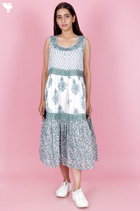 Mulmul Cotton Dress In Floral Block Print