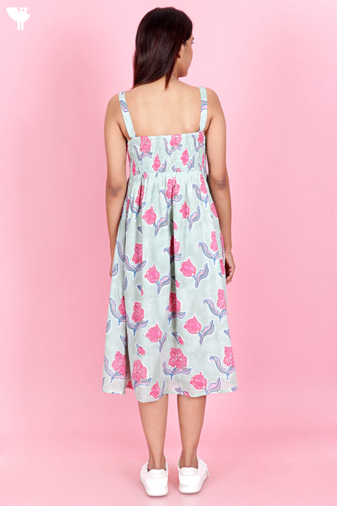 Mulmul Cotton Dress In Floral Block Print