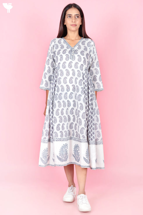 Mulmul Cotton Dress In Floral Block Print