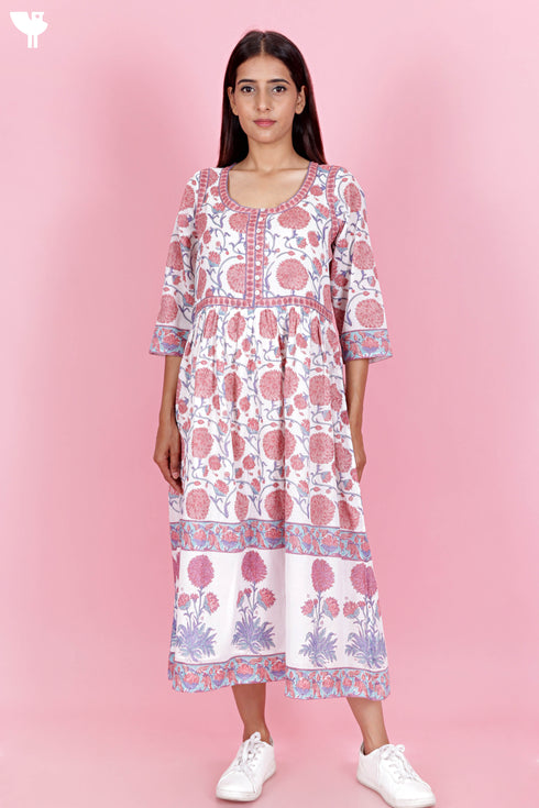 Mulmul Cotton Gathered Dress In Floral Block Print