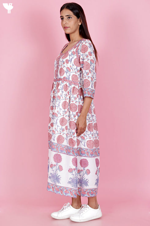 Mulmul Cotton Gathered Dress In Floral Block Print
