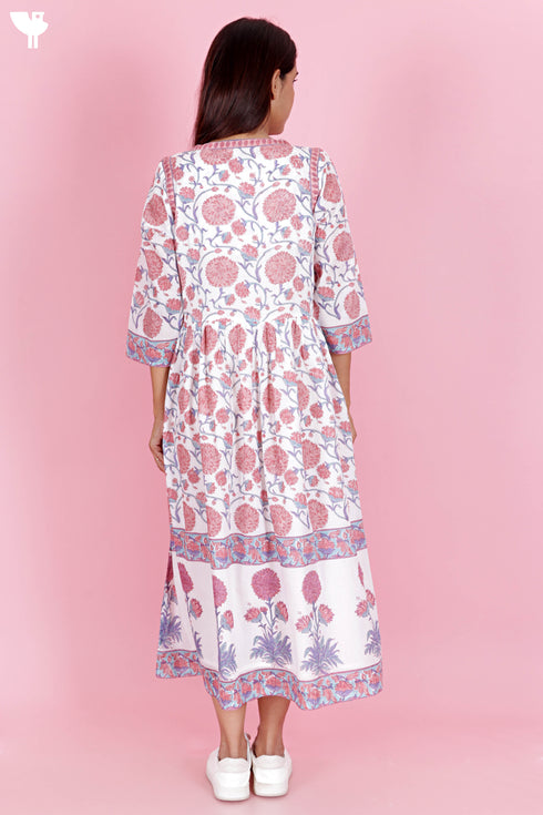 Mulmul Cotton Gathered Dress In Floral Block Print