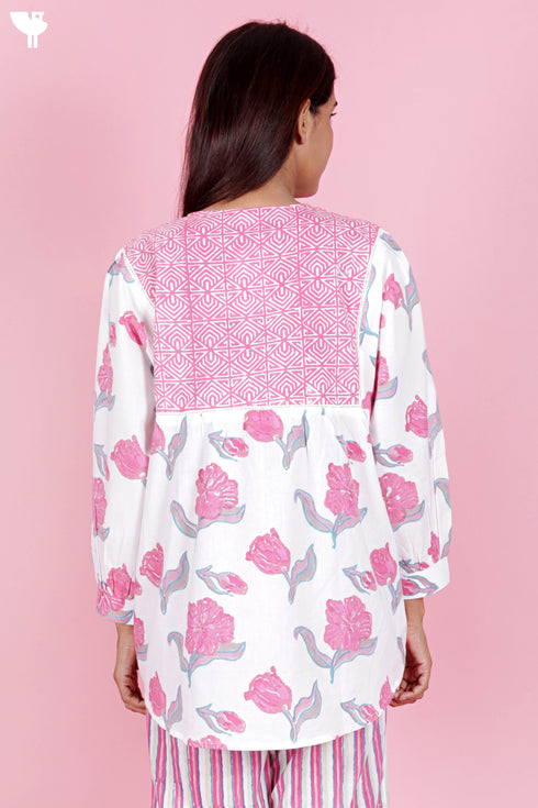 Cambric Cotton Top in Floral Block Print