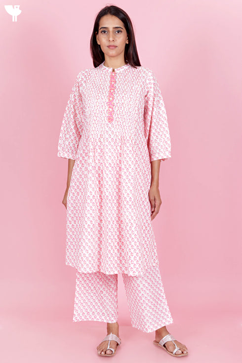 Cambric Cotton Pintucked Kurta In Floral Block Print