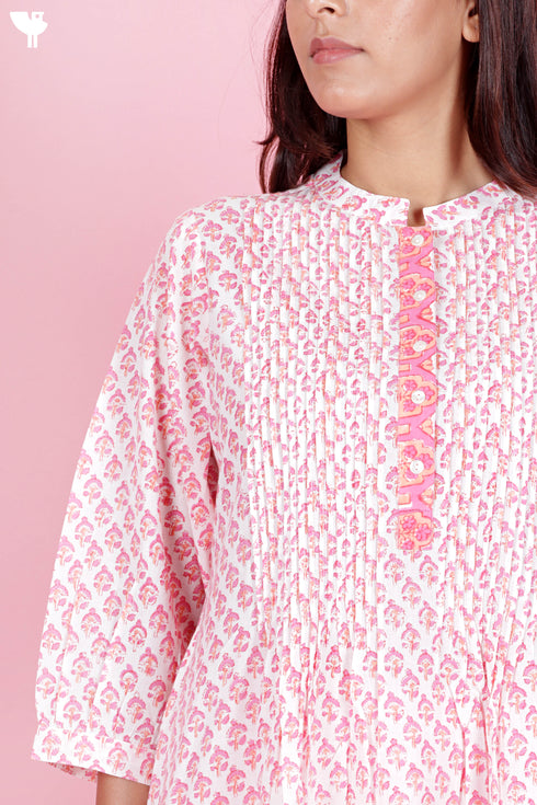 Cambric Cotton Pintucked Kurta In Floral Block Print