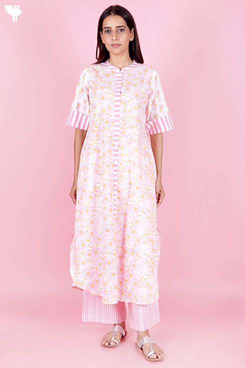 Cambric Cotton Kurta In Floral Block Print