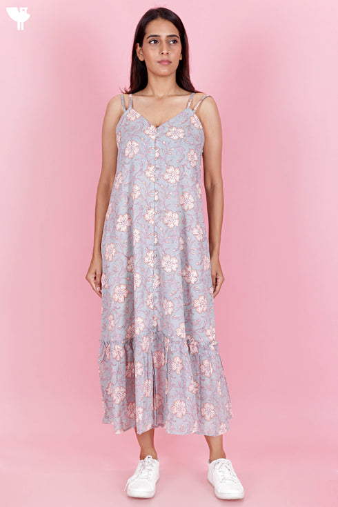 Mulmul Cotton Strappy Dress In Block Print