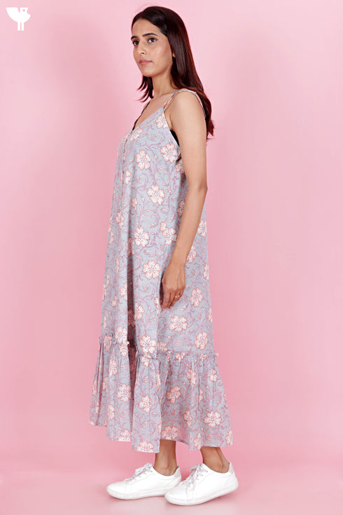 Mulmul Cotton Strappy Dress In Block Print