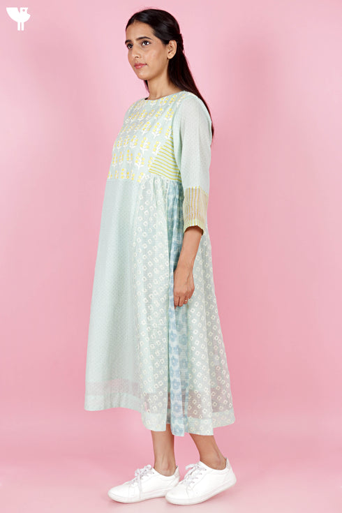 Kota Doria Cotton Dress With Slip In Block Print