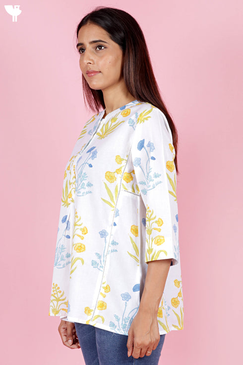 Cambric Cotton Top in Floral Block Print