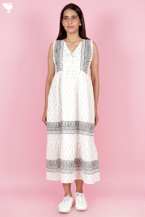 Slub Cotton Sleeveless Dress In Block Print