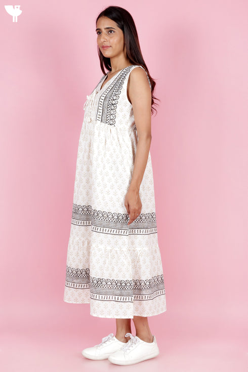 Slub Cotton Sleeveless Dress In Block Print