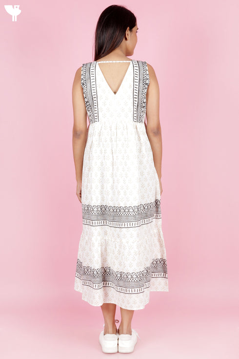 Slub Cotton Sleeveless Dress In Block Print