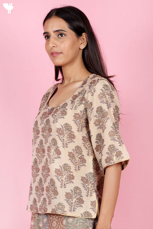 Chanderi Silk Top With Block Print