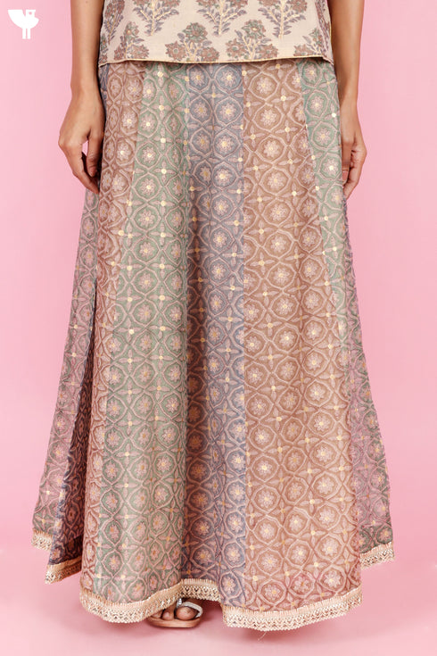 Chanderi Silk Panelled Skirt In Block Print