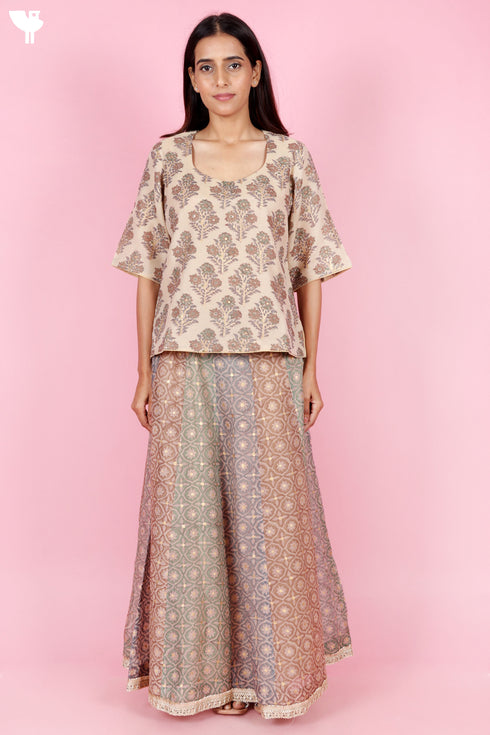 Chanderi Silk Panelled Skirt In Block Print
