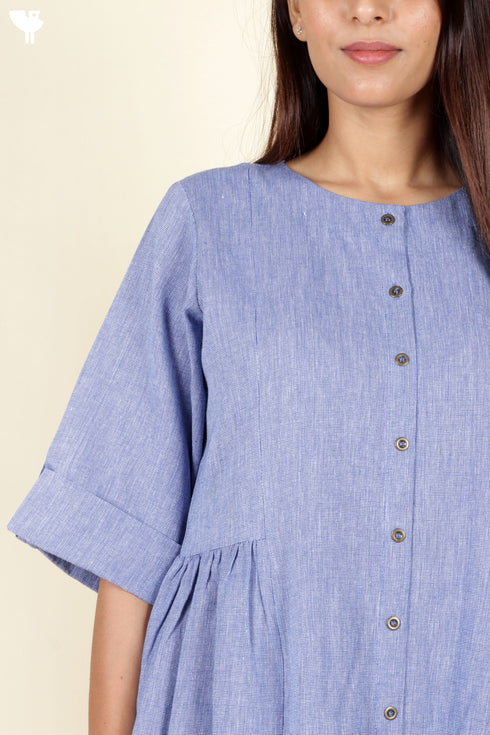 Chambray Cotton Button Dress In Blue Melange