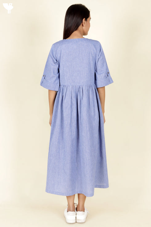 Chambray Cotton Button Dress In Blue Melange