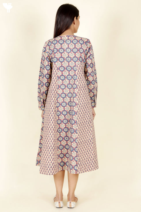 Cambric Cotton Panelled Dress In Block Print