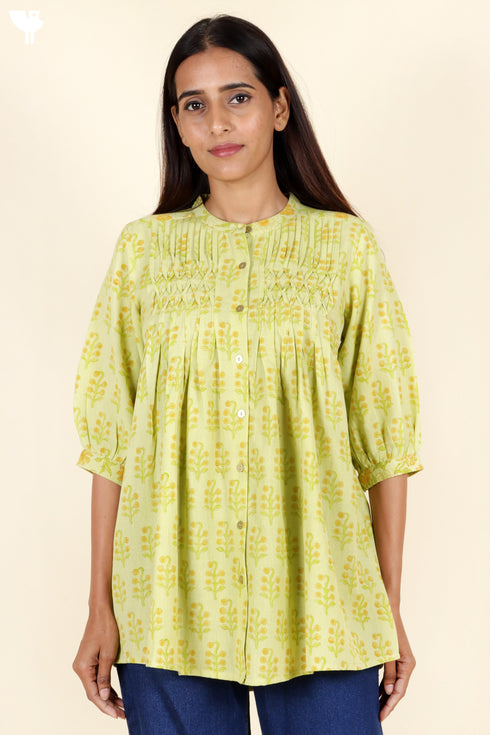 Khaadi Cotton Lime Top With Floral Block Print