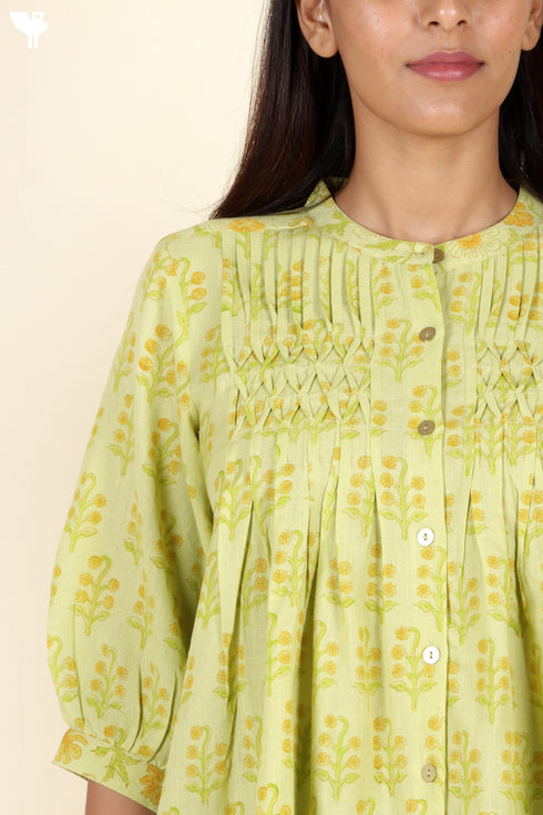 Khaadi Cotton Lime Top With Floral Block Print
