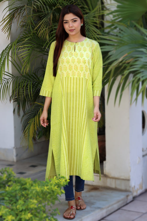 Khaadi Cotton Lime Dress In Block Print