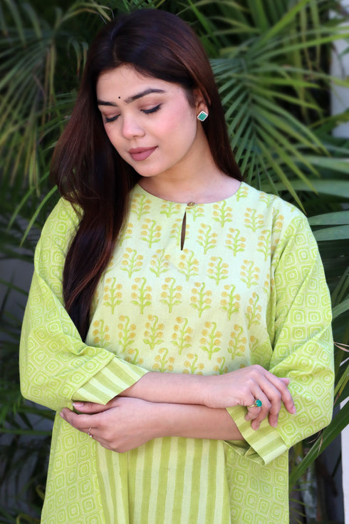 Khaadi Cotton Lime Dress In Block Print
