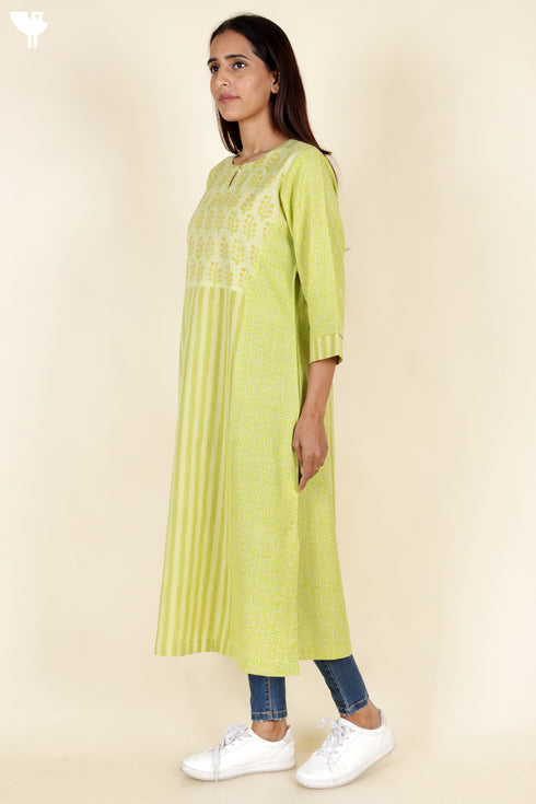 Khaadi Cotton Lime Kurta In Floral Block Print